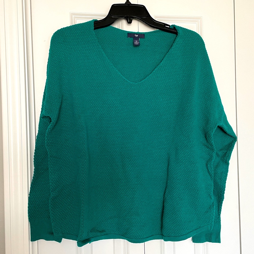 Gap V-Neck Sweater - Teal Blue/Green textured knit. Large.